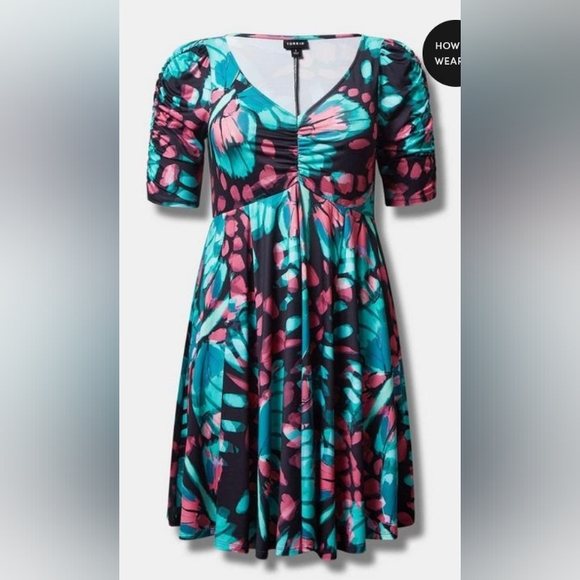 New Torrid 00X/M(10) Mini Studio Knit Cinch Front Skater Dress- Butterfly Print - Picture 4 of 4